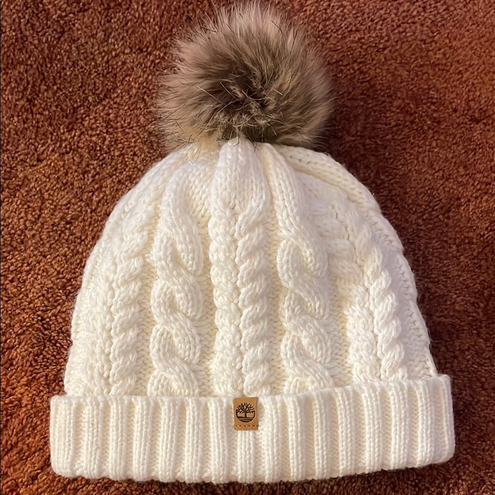 Timberland Cream Cable Knit Beanie with Brown Pom